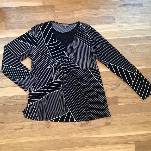 DAISY Fuentes Long Sleeve Striped Blouse w/ Mesh V-Neck Black & White Women’s XL - Picture 1 of 16